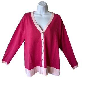 TALBOTS Large petite Pink Cardigan Contrasting Trim Stretch Knit Cotton Blend